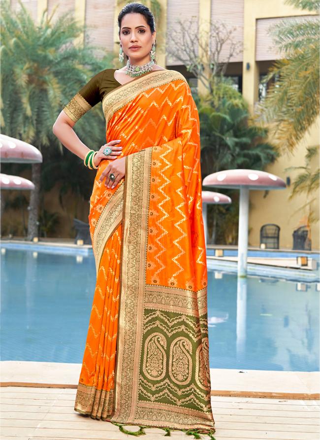 Banarasi Silk Orange Party Wear Weaving Saree